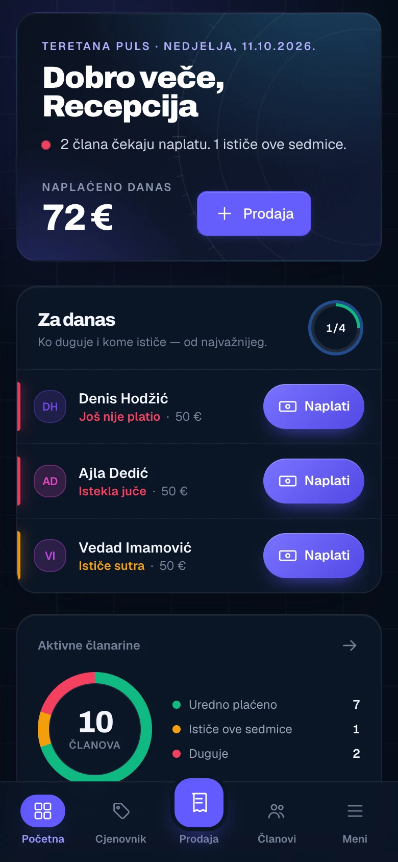 Početni ekran aplikacije Sklop na telefonu — ko čeka naplatu i kome ističe