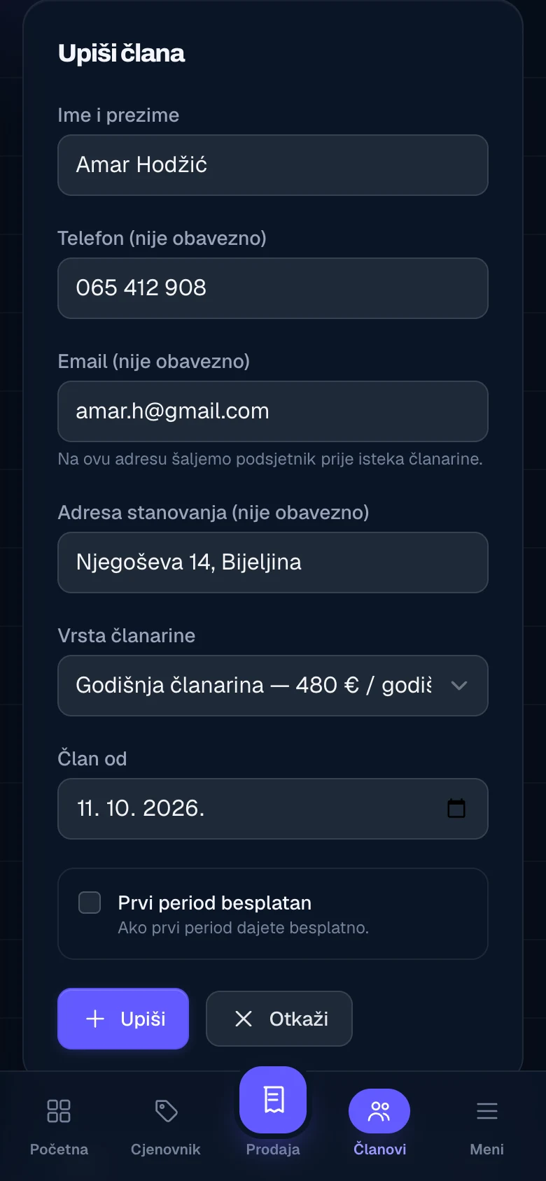 Obrazac za upis novog člana s vrstom članarine