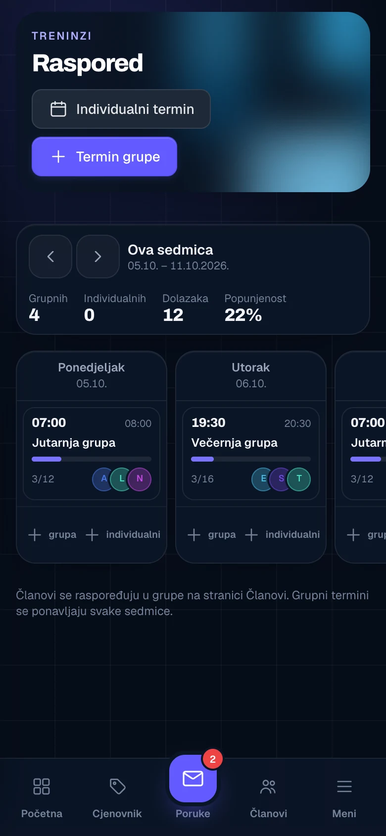 Sedmični raspored grupa i individualnih termina
